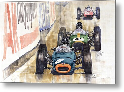Watercolour Metal Print featuring the painting Monaco GP 1964 BRM Brabham Ferrari by Yuriy Shevchuk