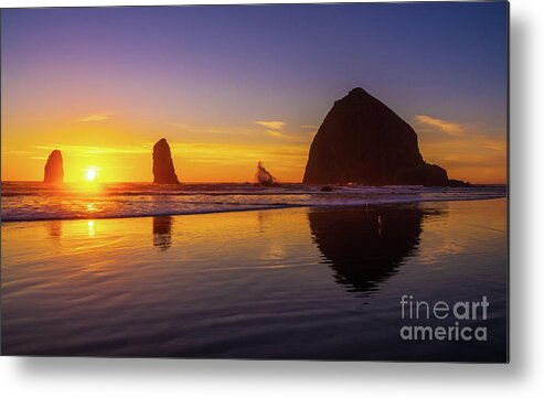 Haystack Rock Metal Print featuring the photograph Oregon Coast Cannon Beach Sunset by Mike Reid