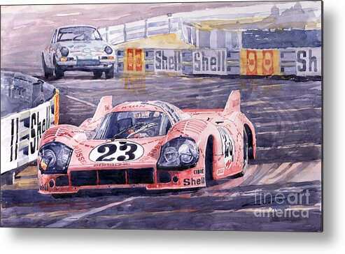 Watercolor Metal Print featuring the painting Porsche 917-20 Pink Pig Le Mans 1971 Joest Reinhold by Yuriy Shevchuk