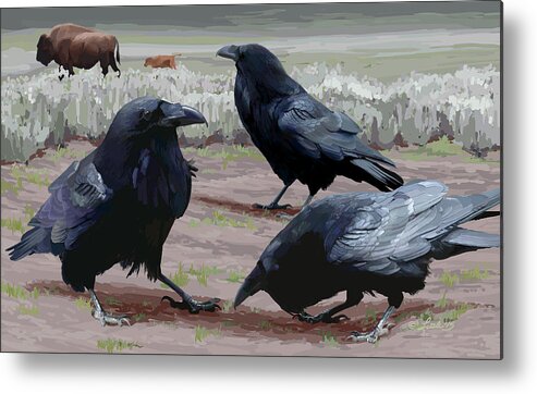 Birds Metal Print featuring the painting Raven Gathering by Pam Little