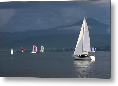 Boat Metal Print featuring the photograph Sailing boats by stormy weather, Geneva lake, Switzerland by Elenarts - Elena Duvernay photo