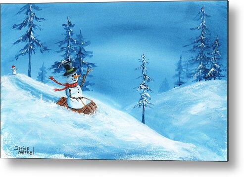 Winter Metal Print featuring the painting Sledding Snowman by Darice Machel McGuire