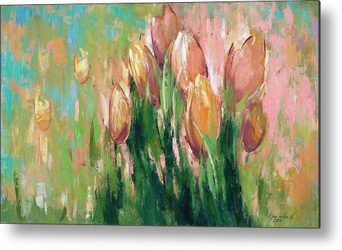 Tulips In The Grass Metal Print featuring the painting Spring in unison by Anastasija Kraineva