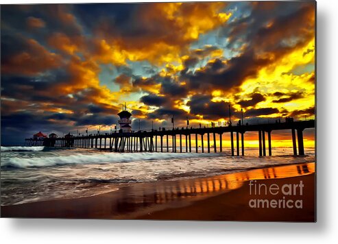 Huntington Beach Metal Print featuring the pyrography Sunset at Huntington Beach Pier by Peter Dang