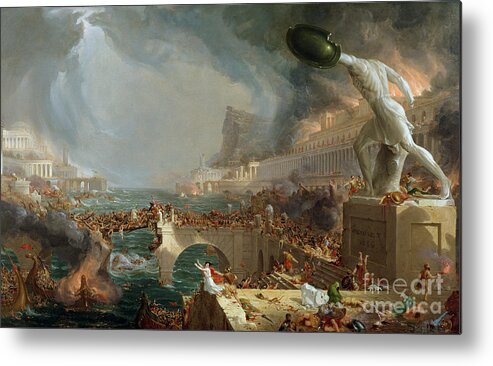 Destroy; Attack; Bloodshed; Soldier; Ruin; Ruins; Shield; Monument; Bridge; Classical Architecture; Galleon; Barbarian; Barbarians; Possibly Fall Of Rome; Hudson River School; Statue Metal Print featuring the painting The Course of Empire - Destruction by Thomas Cole