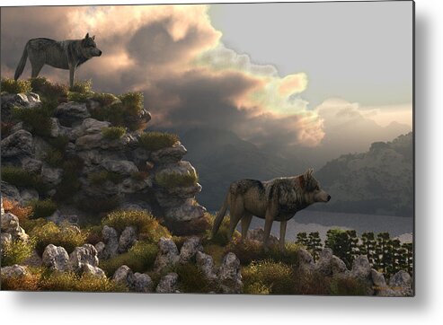 Wolf Metal Print featuring the digital art Two Wolfs on a Lookout by Walter Colvin