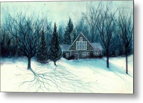 Cabin Metal Print featuring the painting Winter Blues - Stone Chalet Cabin by Janine Riley