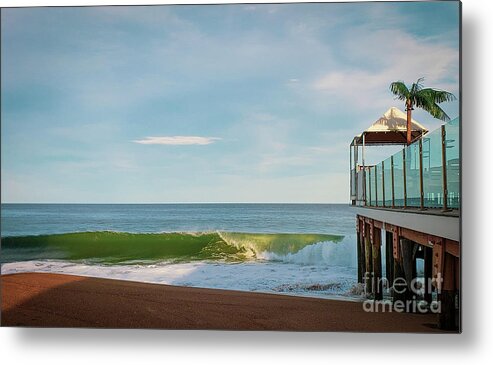 Waves Metal Print featuring the photograph Breaking Waves on Pavilion with Palm Tree by Mary Capriole