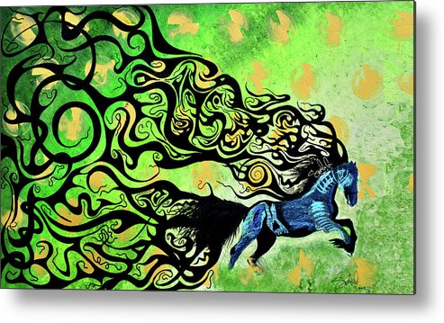 Horse Farm Abstract Conceptual Art Colorful Painting Paint Color Green Blue Animal Love Jump Inspiration Motivation Tail Hair Beautiful Beauty Run Success Metal Print featuring the painting Crazy Horse by Sergio Gutierrez