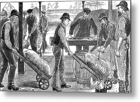 Working Metal Print featuring the drawing Dockers Unloading Sugar At West India by Print Collector