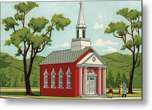 Architecture Metal Print featuring the drawing Family in Front of Church by CSA Images