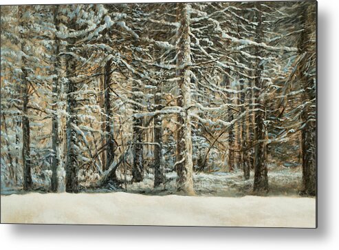 Winter Forest Metal Print featuring the painting Forest Front in Winter by Hans Egil Saele