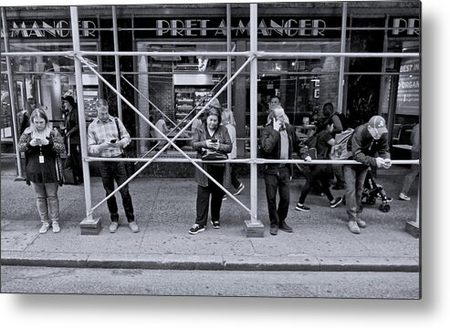 B&w Photograph Of New York City Of New York City People Talking On Their Cell Phones Waiting For A Bus.. Horizontal Cityscape Metal Print featuring the photograph Phone Alone by Joan Reese