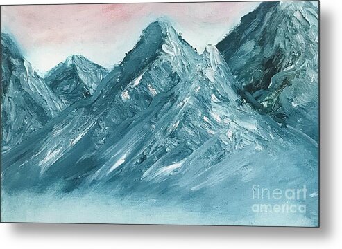 Oil Painting Of Snow On The Mountain Peaks Metal Print featuring the painting Snow on the Mountains by Lavender Liu