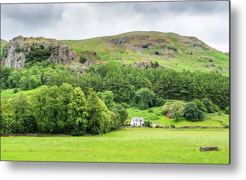 Lake District Metal Print featuring the photograph White cottage house on the picturesque green farmlands at the La by Michalakis Ppalis