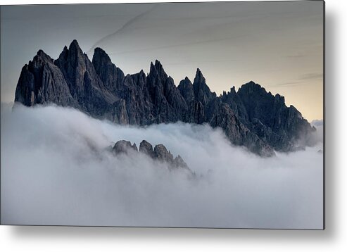 Dolomiti Metal Print featuring the photograph Mountain landscape with mist, at sunset Dolomites at Tre Cime Italy. by Michalakis Ppalis