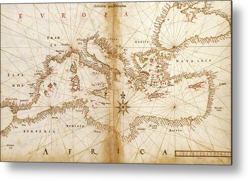 Maps Metal Print featuring the drawing Portuguese maps of the Mediterranean Countries 1630 #1 by Vintage Maps