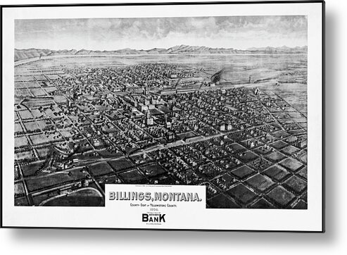 Billings Metal Print featuring the photograph Billings Montana Antique Map Birds Eye View 1904 Black and White by Carol Japp