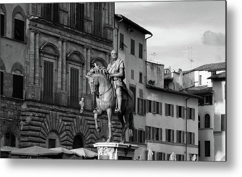 Florence Metal Print featuring the photograph Cosimo I Bronze Equestrian Monument Piazza Della Signoria Florence Italy Black and White by Shawn O'Brien