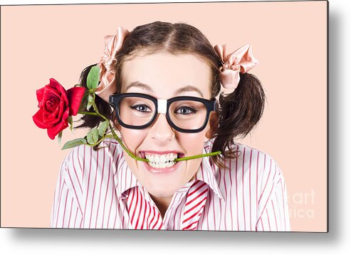 Funny Metal Print featuring the photograph Cute Smiling Woman Wearing Nerd Glasses With Rose by Jorgo Photography