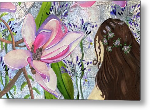 Girl Whimsical Floral Colorful Abstract Metal Print featuring the mixed media Elle by Lorie Fossa