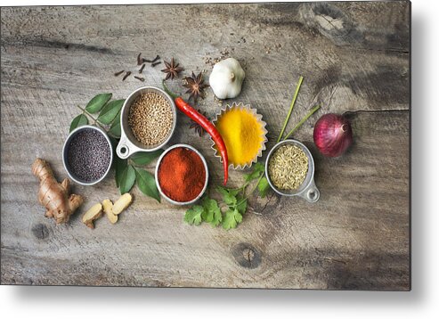 Southeast Asia Metal Print featuring the photograph Flat lay overhead view herb and spices on rustic wooden background. by Twomeows