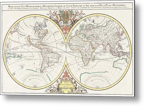 World Map Metal Print featuring the drawing General description of the terrestrial and aquatic globe in two hemispherical planes 1691 by Alexis Hubert Jaillot