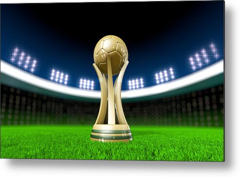 Event Metal Print featuring the photograph Soccer Trophy On Stadium Lawn With Copy Space by Erlon Silva - TRI Digital
