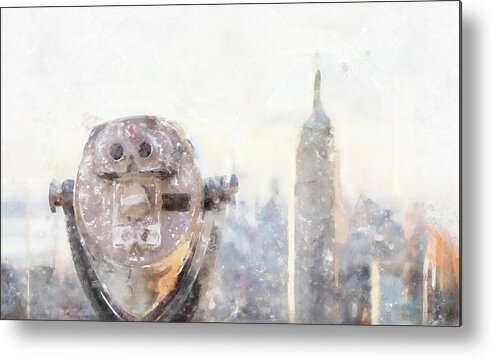 Tourism Metal Print featuring the digital art Watercolor painting illustration of Panorama with Binoculars looking at skyline in midtown Manhattan, New York City, USA by Maria Kray