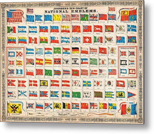 1864 Johnson Chart Of The Flags And National Emblems Of The World Geographicus Flags Johnson 1864 Art Metal Print featuring the painting 1864 Johnson Chart of the Flags and National Emblems of the World Geographicus Flags johnson 1864 by MotionAge Designs