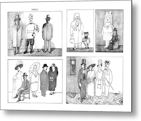 75975 Sst Saul Steinberg (cartoon Spread Of Five Drawings Resembling Snapshots In A Family Album. Each Picture Contains Combinations Of Fashions From Different Eras And Is Drawn In A Composite Of Styles.) Metal Print featuring the drawing New Yorker December 25th, 1978 #1 by Saul Steinberg