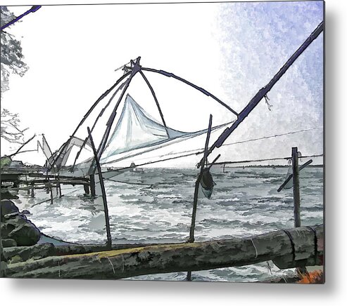 Action Metal Print featuring the digital art Fishing nets on the sea coast in Alleppey #10 by Ashish Agarwal