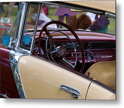 Custom Car Show Shine Classic Ford Blue Granum Alberta Canada Chrome Bumper Fender Detail Metal Print featuring the photograph Classic American car #2 by Mick Flynn