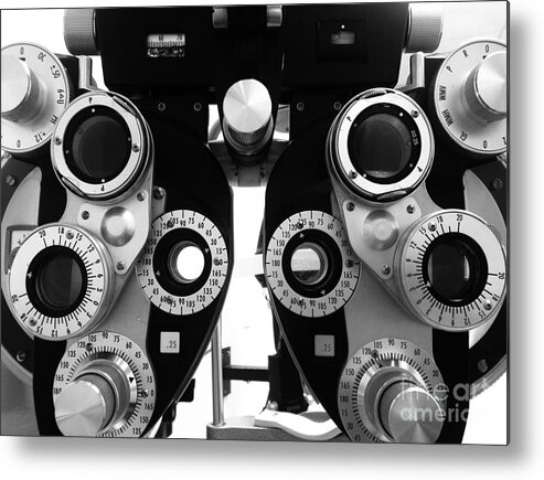 Black And White Metal Print featuring the photograph Closeup of a Phoropter Eye Examination Equipment #2 by Amy Cicconi