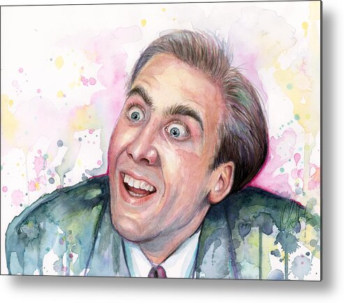Nic Cage Metal Print featuring the painting Nicolas Cage You Don't Say Watercolor Portrait by Olga Shvartsur