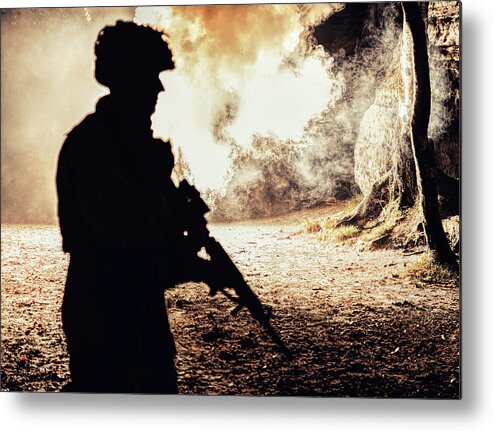 Military Metal Print featuring the photograph Black Silhouette Of Soldier #21 by Oleg Zabielin