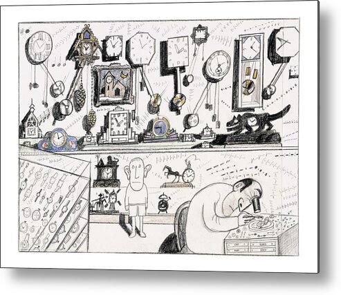119056 Sst Saul Steinberg Inventions Clocks Watches Workers (clock Maker Working On Clock. Various Clocks On Shelf And Watches In Display Cases.) Sumnerperm Metal Print featuring the drawing New Yorker August 23rd, 2004 by Saul Steinberg
