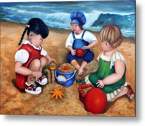 Kids Metal Print featuring the painting A Day at the Beach by Portraits By NC
