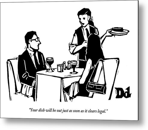 Food Metal Print featuring the drawing A Man And Woman Are Dining At A Restaurant by Drew Dernavich