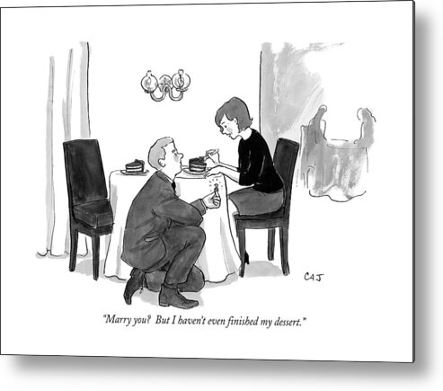 Marriage Metal Print featuring the drawing A Man Proposes To A Woman In A Restaurant by Carolita Johnson