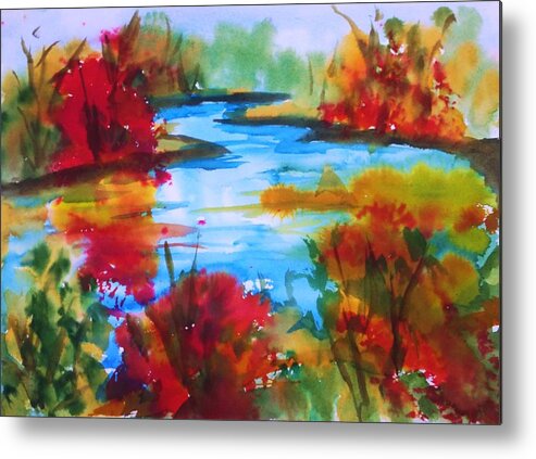 Autumn Metal Print featuring the painting Abstract - Autumn Blaze on Catskill Creek by Ellen Levinson