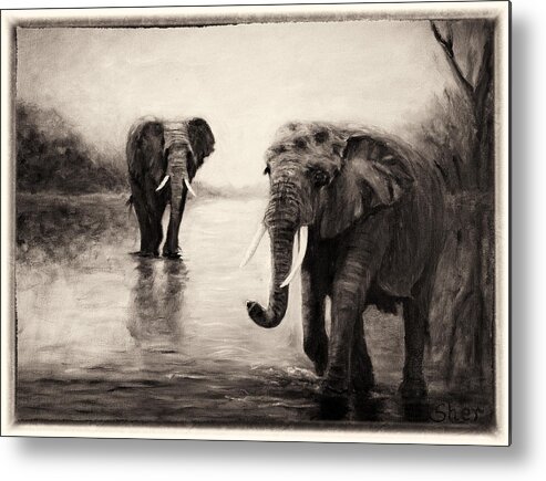 African Elephants Metal Print featuring the painting African Elephants at Sunset by Sher Nasser