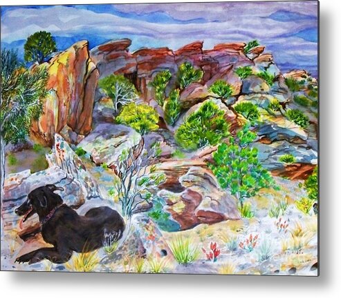 Desert Colors Brightly Enhanced From Original Metal Print featuring the painting Ancient Camp Ground and Labrador by Annie Gibbons