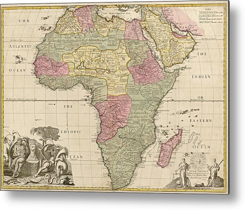 Africa Metal Print featuring the drawing Antique Map of Africa by John Senex - circa 1725 by Blue Monocle