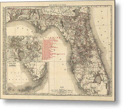 Florida Metal Print featuring the drawing Antique Map of Florida by Rand McNally and Company - 1900 by Blue Monocle