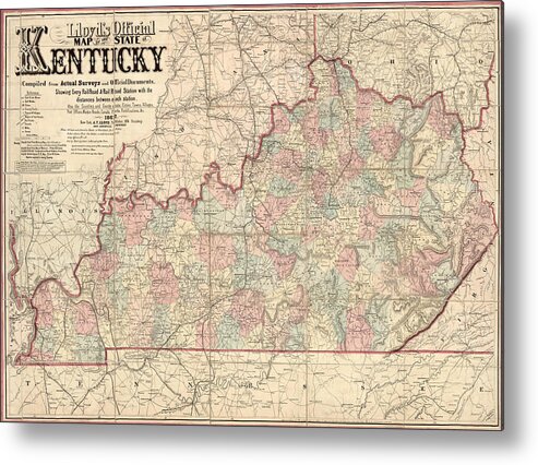 Kentucky Metal Print featuring the drawing Antique Map of Kentucky by James T. Lloyd - 1862 by Blue Monocle
