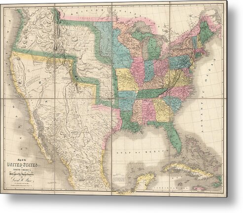 United States Metal Print featuring the drawing Antique Map of the United States by David Burr - 1839 by Blue Monocle