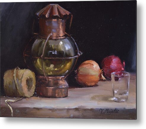 Lantern Metal Print featuring the painting Antique Old Lantern and Onions by Viktoria K Majestic
