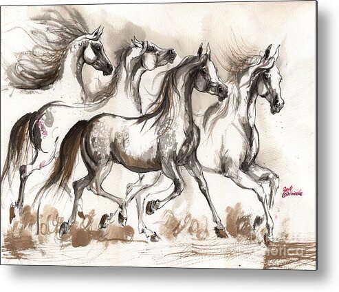 Horse Metal Print featuring the painting Arabian horses ink painting 2014 04 16 by Ang El