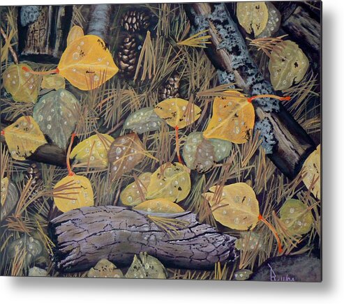 Outdoors Metal Print featuring the painting Aspen leaves and needles by Ray Nutaitis